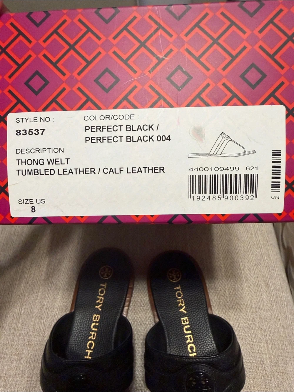 Tory Burch Black Leather Thong Sandals with Brown Trim